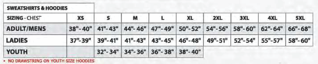 AK Hoody Size Chart